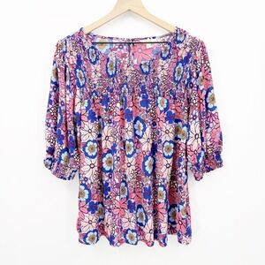 Terra & Sky Womens 3X Floral Smocked Blouse Pink Blue Rayon Peasant Cottagecore